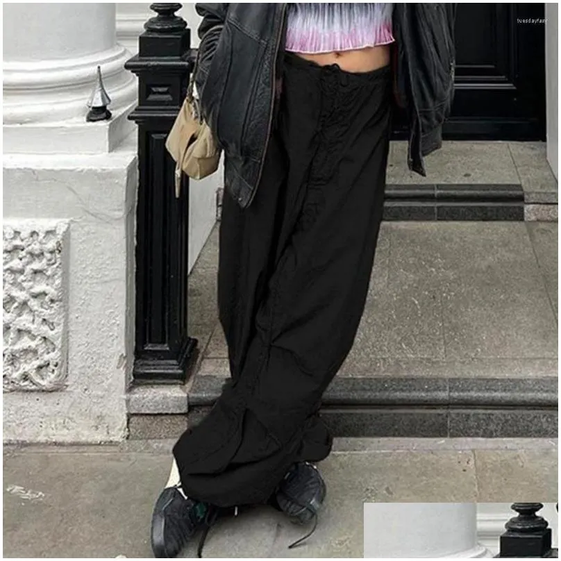 Women`s Pants Women Cargo Retro Gothic Streetwear Loose Low Waist Length Hip Hop Deep Crotch Elastic Lightweight Baggy Trousers