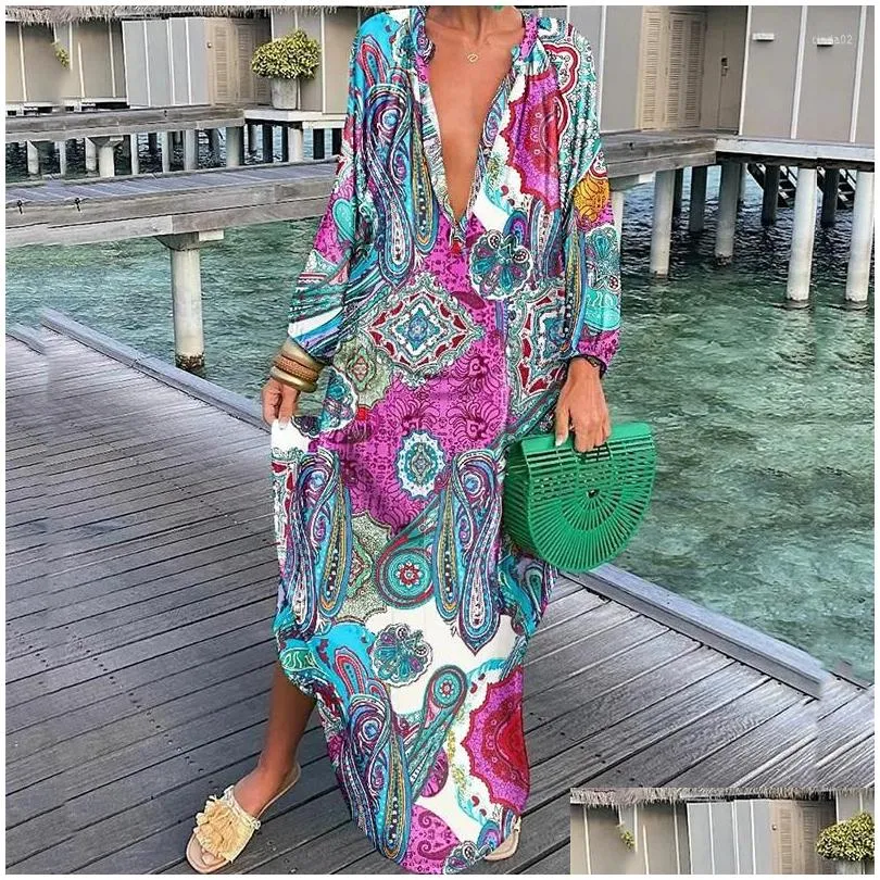 Casual Dresses Women Boho Print Loose Beach Elegant Retro Harajuku V-Neck Maxi Dress Sexy Long Sleeve Oversized