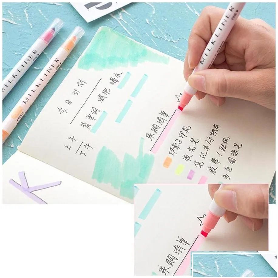 wholesale Highlighters 12 Pcs/Set Double Headed Stationery Mild Pens Colored Ding Painting Highlighter Art Marker Wdh1197 Drop Delivery Office