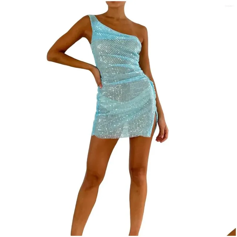 Casual Dresses Womens One Shoulder Sequin Mini Dress Sparkly Glitter Ruched Split Bodycon Party Club Swimsuit Cover Ups