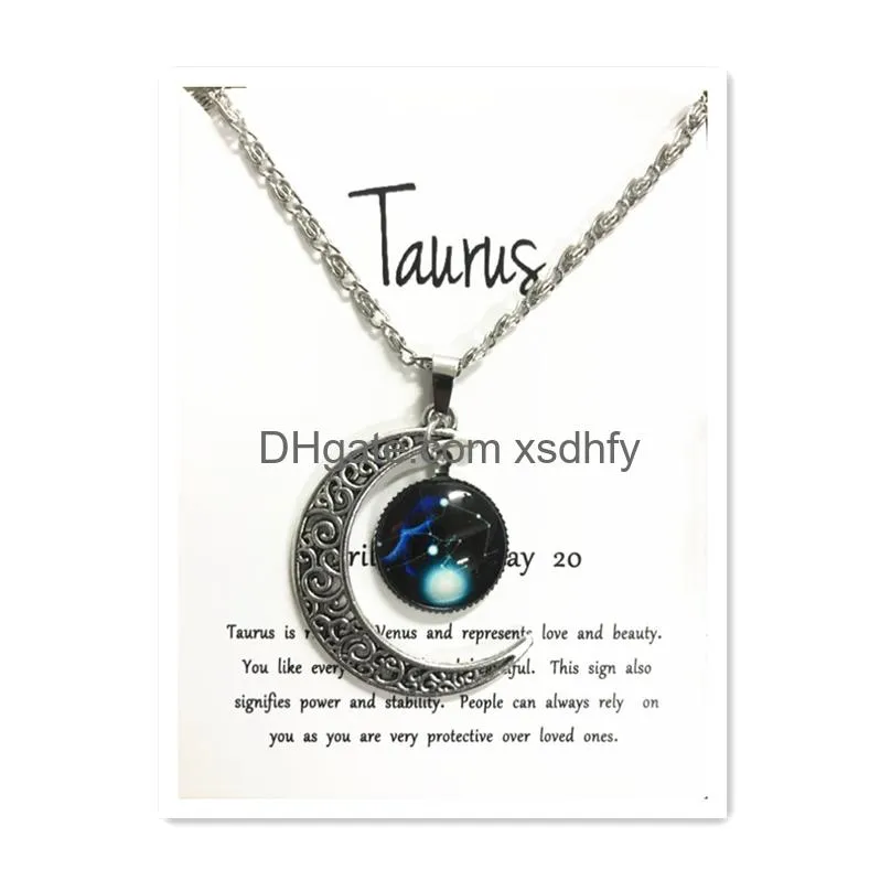 Pendant Necklaces Night Glow Retro Moon12 Constellation Zodiac Sign Necklace Horoscope Jewelry Galaxy Libra Astrology Gift With Retail Ot9Xh