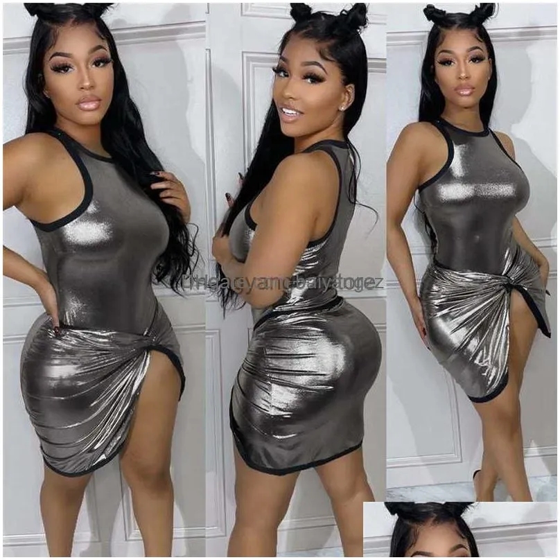 two piece dress metallic 2 pieces sets womens baddies outfits mini skirt bodysuit top sexy summer dress woman clothing 2023 d96-cc22