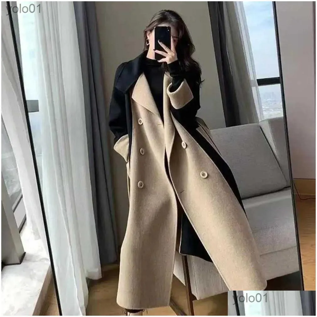 Women`s Wool Blends Women Overcoat Color Matching Double-breasted Winter Coat Mid Length Double-sided Turn-down Collar Lady Coat For
