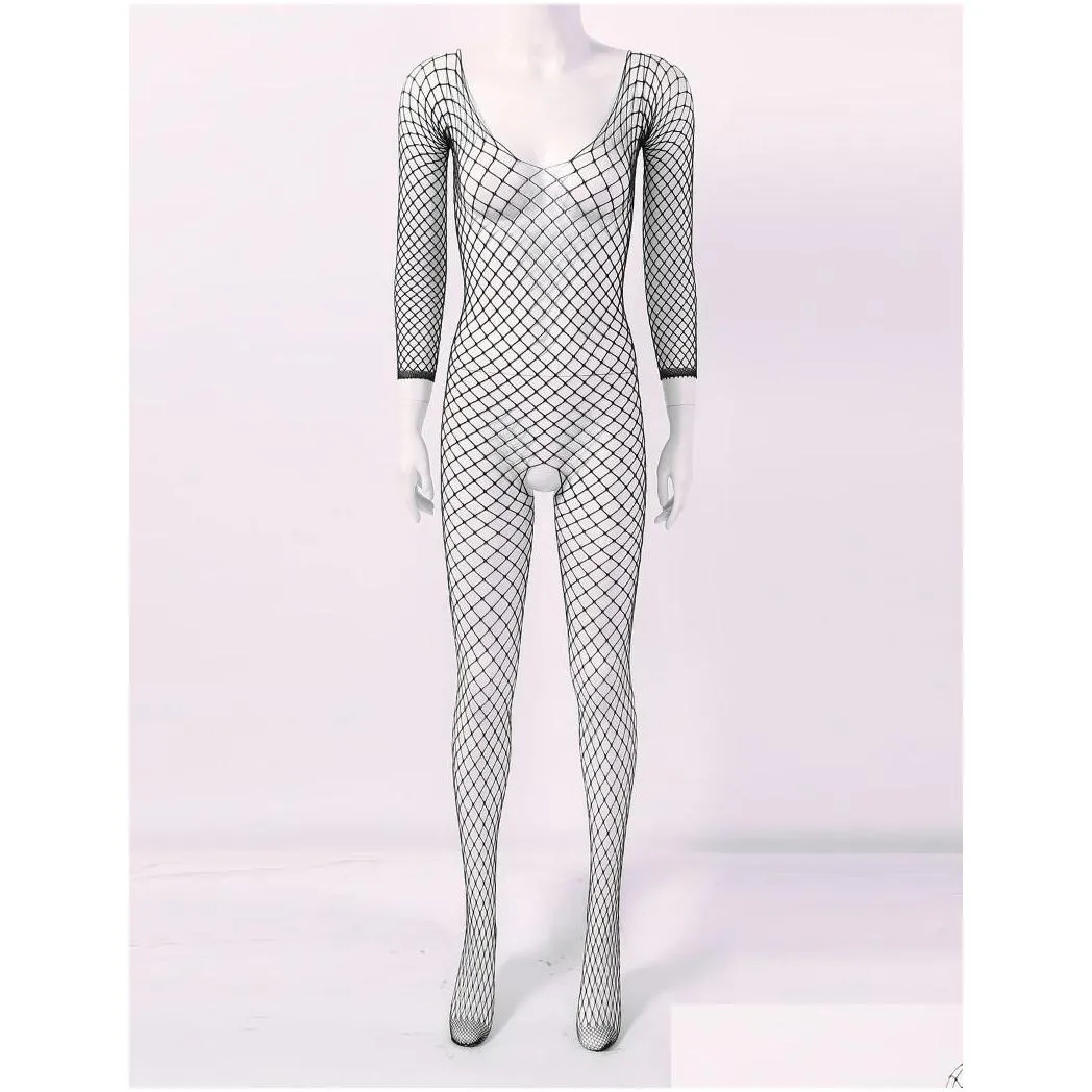 Womens Hollow Out Fishnet Bodysuit Lingerie Scoop Neck Long Sleeves Jumpsuit Crotchless Stretchy Full Body Stocking for Couple