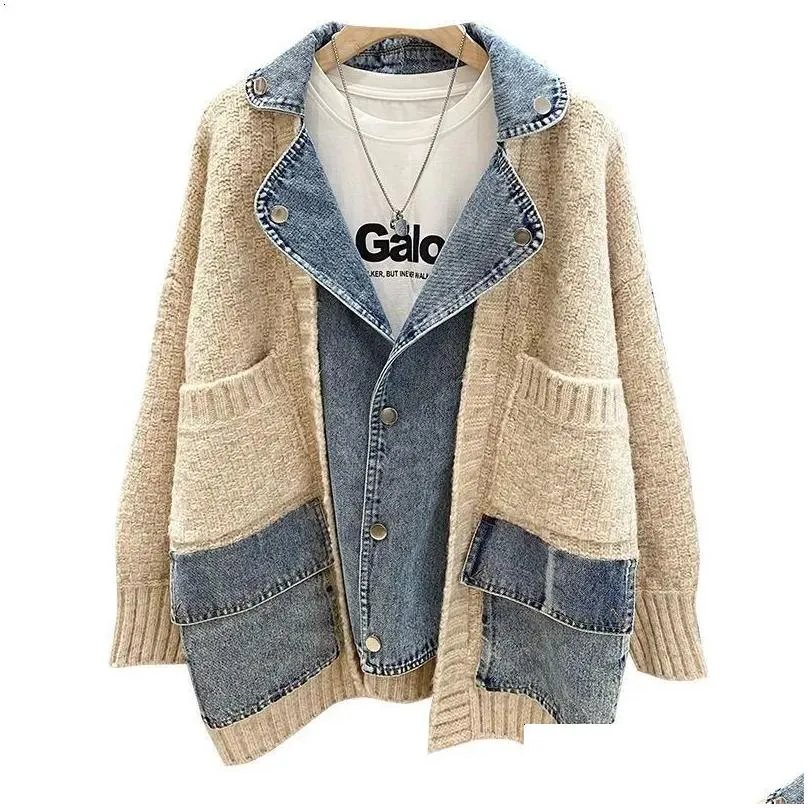 Women`s Jackets 2023 Autumn Winter Women Splicing Denim Jacket Long Sleeve Jean Female Loose Sweater Cardigan 231109