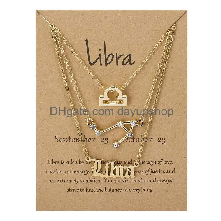 Pendant Necklaces 3Pcs/Set 12 Constellation Zodiac Sign Necklace Horoscope Zircon Jewelry Galaxy Libra Astrology Gift With Retail Drop Dhpst