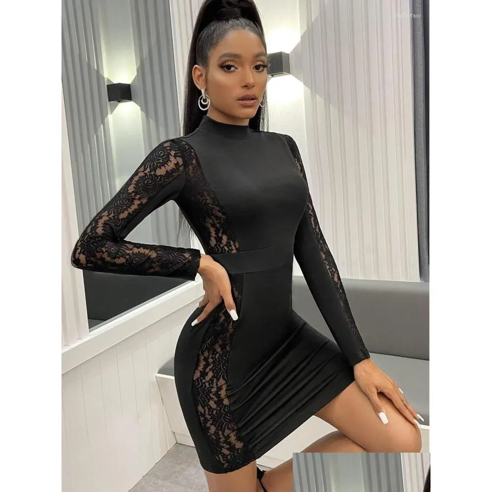 Casual Dresses DGIRL Fashion Women Bodycon Dress Tight Hollow Sexy Long Sleeved Short Black