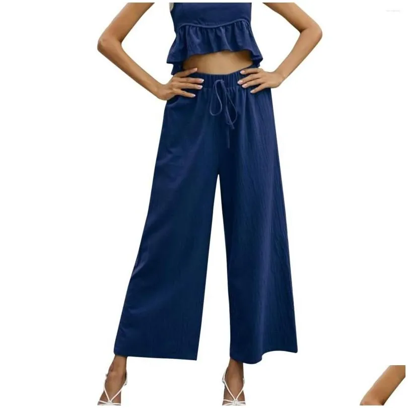 Women`s Pants For Women Casual Summer Linen Breathable Solid Elastic Waist Wide Leg Slacks Sweatpants Woman Trousers Pantalons