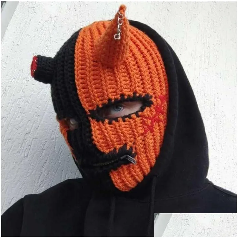 Cycling Caps Masks Halloween Funny Horns Knitted Hat Beanies Warm Full Face Cover Ski Mask Hat Windproof Balaclava Hat for Outdoor Sport
