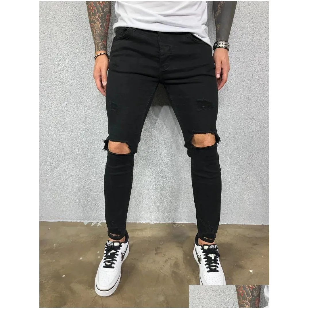 Men`S Jeans Mens Destroyed Skinny Cool Designer Stretch Ripped Denim Trousers For Men Casual Slim Fit Hip Hop Pencil Pants With Holes Dhwju