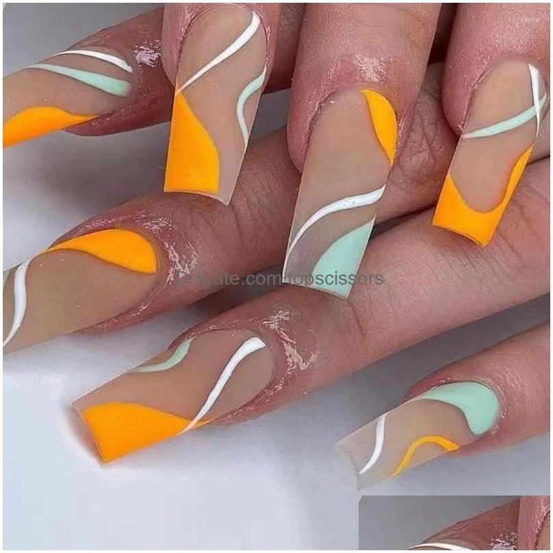 False Nails 24Pcs Simple Orange Green Wavy Fake Detachable French Long Square Stiletto Nail Fl Er Art Press On Drop Delivery Dhzne