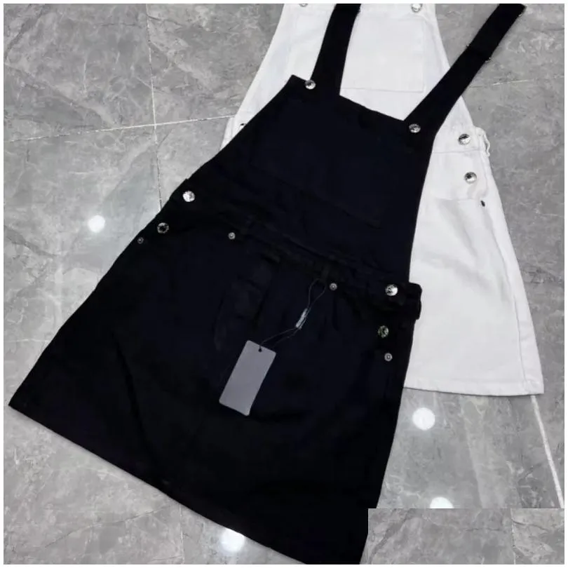 Fashion Designer Overalls Women`s Summer White Black Denim Clothings Casual Style for Vocations 26644