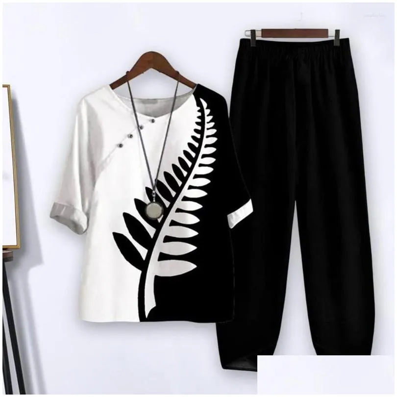 Women`s Two Piece Pants 1 Set Elegant Pullover Top Casual Daily Garment Soft Print Stitching Women Outfit