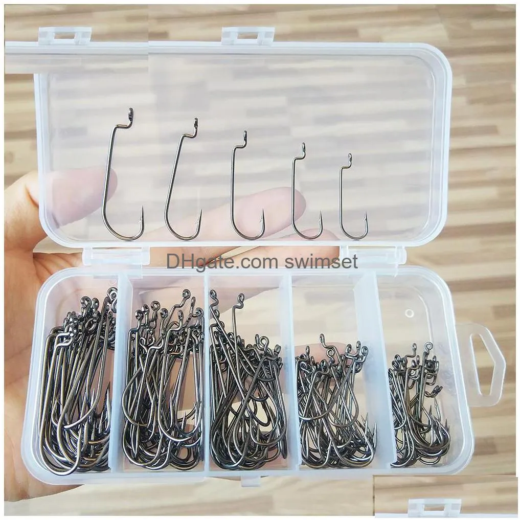 230-Pieces Worm Hook Fishing Kit Carbon Steel Mustad Offset Hooks Oshaughnessy Fishhook Feeder Carp Set Drop Delivery Dh54T