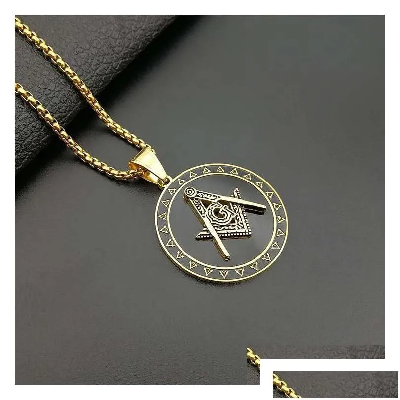 Pendant Necklaces 316 Stainless Steel Mason Masonic Necklace Sier Gold Black Round Shaped Fraternal Association Fraternity Charm Drop