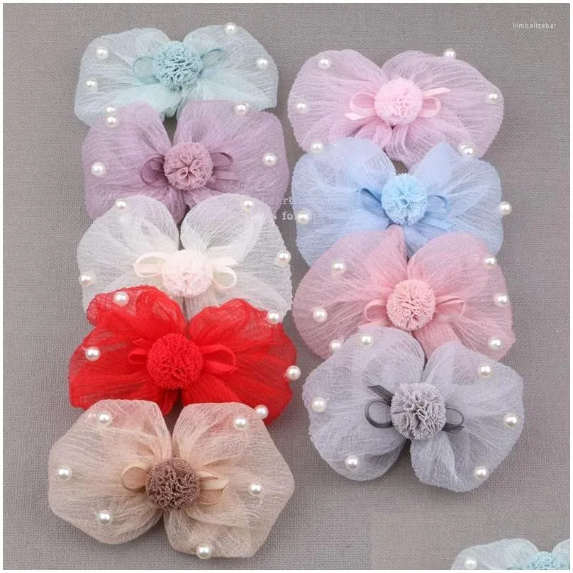 hair clips handmade chiffon fabric ribbon pearl bead bow stiker 2pcs jewelry diy tiaras buttons ornament garment decor 9.5 5.5cm