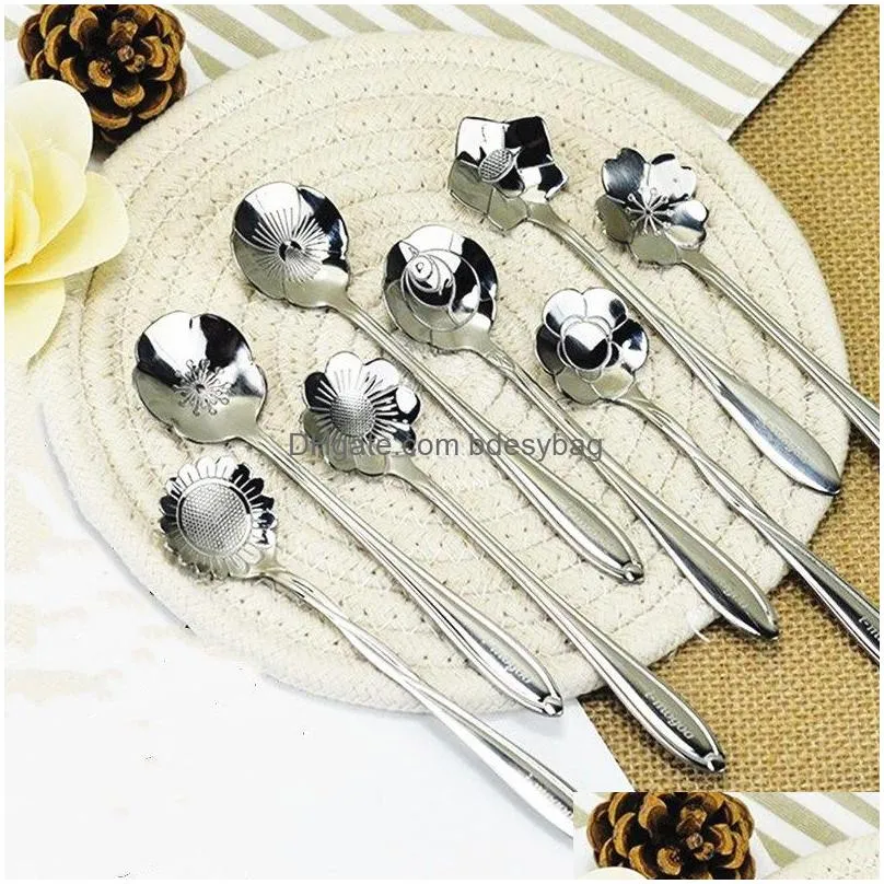 Spoons 8 Pcs/Set Vintage Stainless Steel Spoon Flower Shaped Coffee Tea Stiring Ice Cream Cake Dessert Tableware Drop Delivery Home Ga Dhwjb