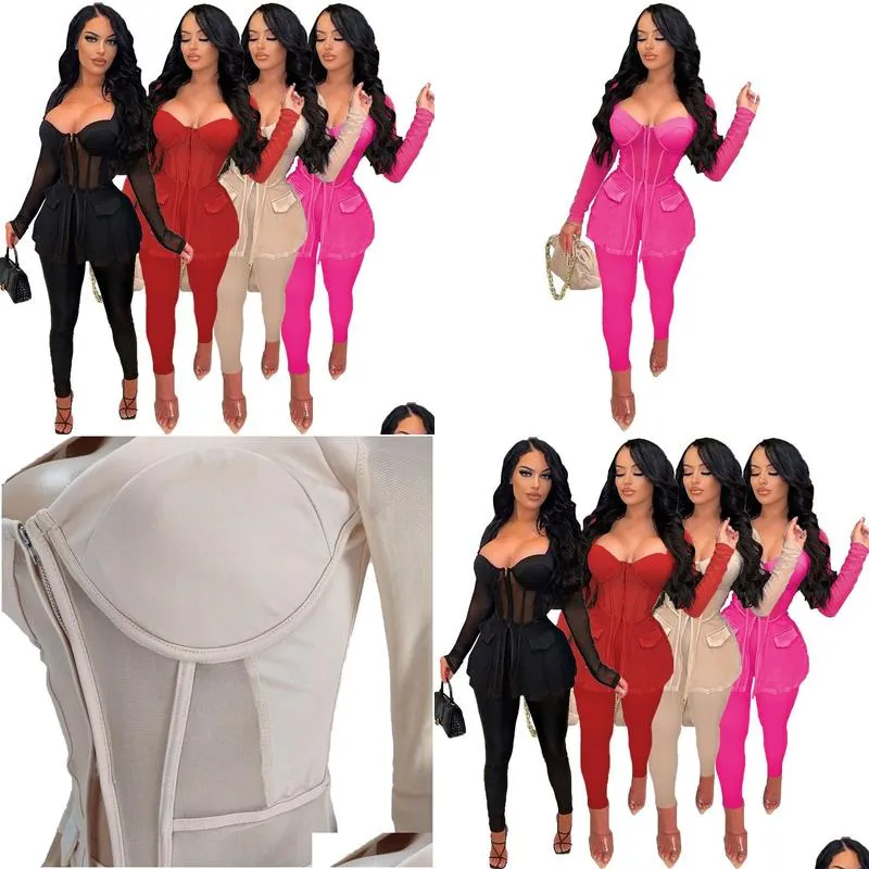 Wholesale Sexy Tracksuits Women Mesh Two Piece Sets Autumn Clothes Long Sleeve See Through Shirt Top and Pants 2pcs Mathing Set Night Club Party Wear
