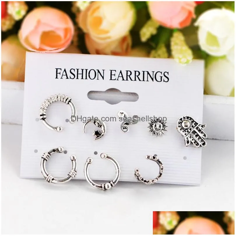 8pc/set Bohemia Earrings Moon Sun Hand Design Ear Stud for Women Antique Ear Cuff Ear Bone Piercing Earrings