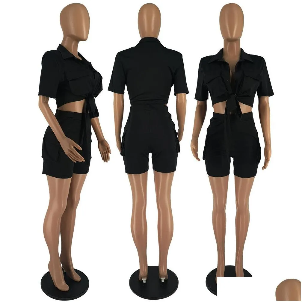 Designer Spring Tracksuits Women outfits Two Piece Sets Short Sleeve Bandage Shirt and Shorts 2pcs Matching Sets Casual Solid Suits Active Sportswear