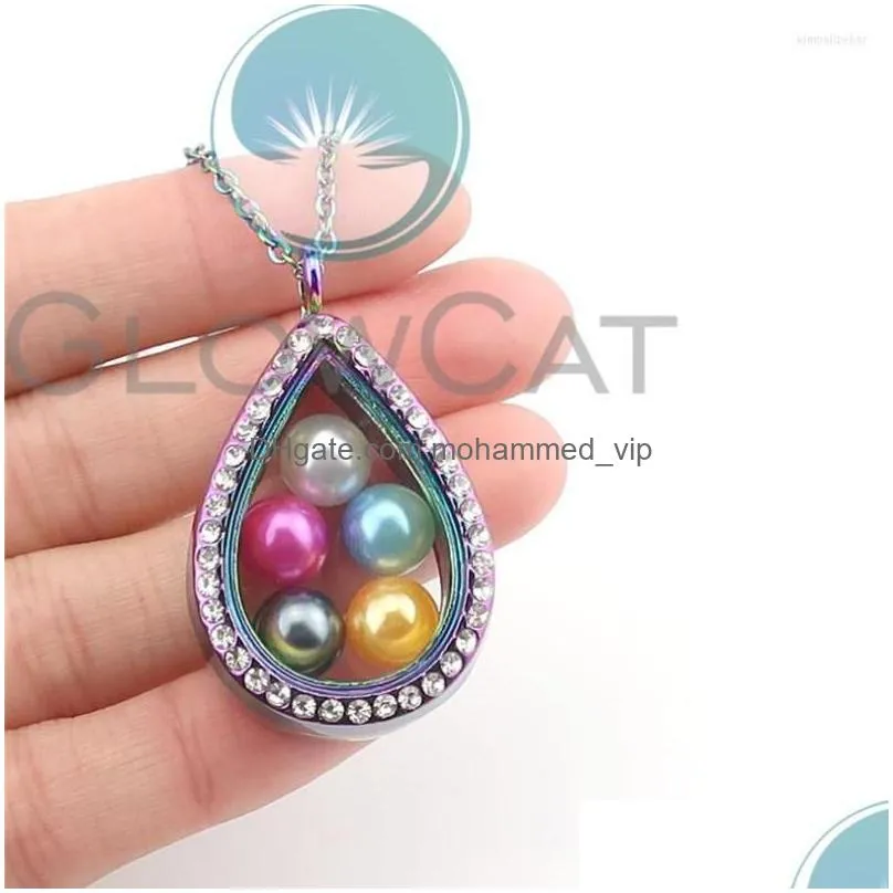 pendant necklaces water drop rhinestone glass necklace 50cm steel chain for 8mm beads pearl memory po locket k1222