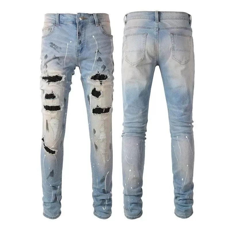 Man Skinny Jeans Men Black Ripped Jeans Mens Designer Rip Pants Denim Blue Star Patches Straight Zipper Fly Hole Fashion Halloween Hip Hop 20ss Stretchy