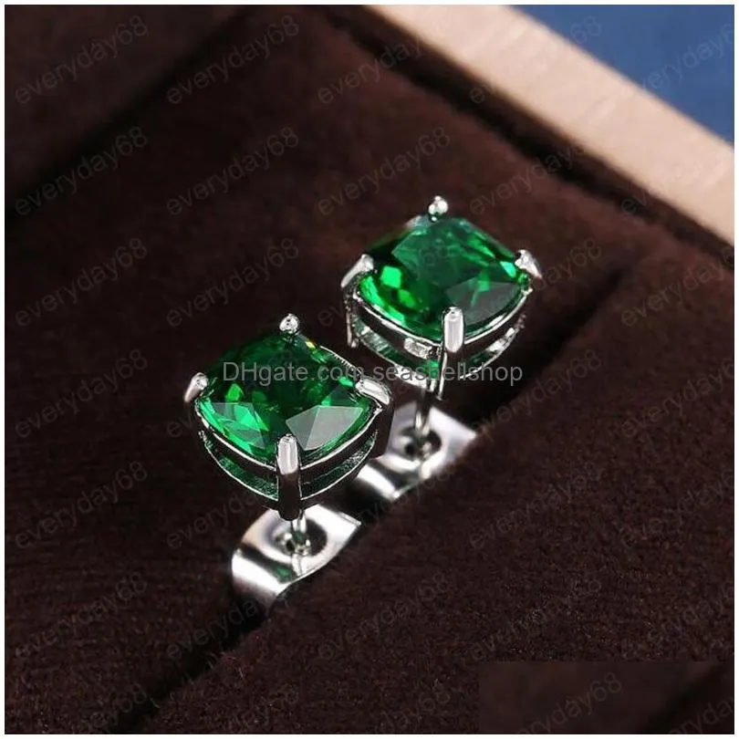 Square Cubic Zircon Diamond Stud Earrings Rainbow Green Blue Crystal Earrings for Women Valentine`s Gift Fashion Jewelry