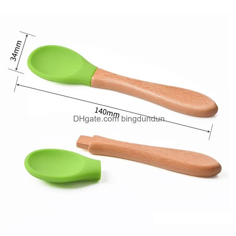 Children Silicone Spoons Wooden Handle Coffee Scoops Baby Training Spoon Home Kitchen Tableware 28 Colors