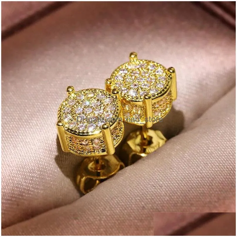 choucong hip hop stud earring vintage jewelry 925 sterling silver yellow gold fill pave white sapphire cz diamond sparkling women men earrings for lover