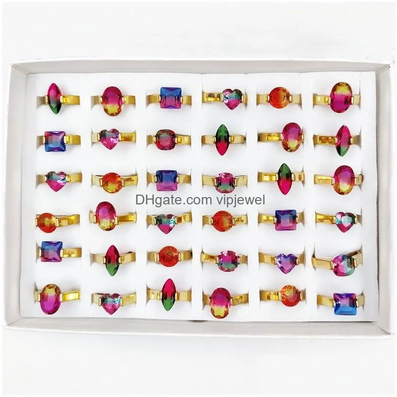 20pcs/lot natural stone rainbow tourmaline rings for women stainless steel band solitaire ring mixed style charm crystal party jewelry