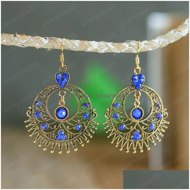 Women Large Round Hollow Alloy Earrings Female European And American Exaggerated Jewelry Retro Ethnic Rhinestone Dangle Earring