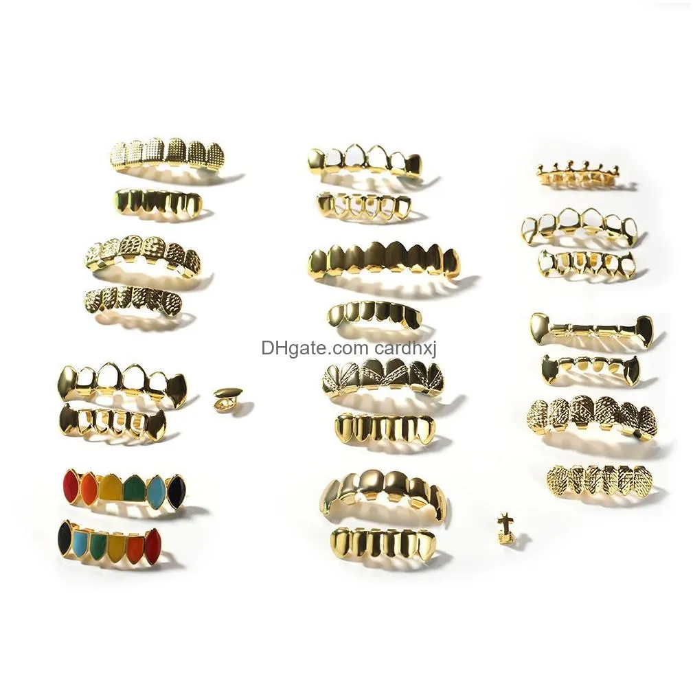 Grillz, Dental Grills Mens Gold Grillz Teeth Set Fashion Hip Hop Jewelry High Quality Eight 8 Top Tooth Six 6 Bottom Drop Delivery Bo Dhpjx