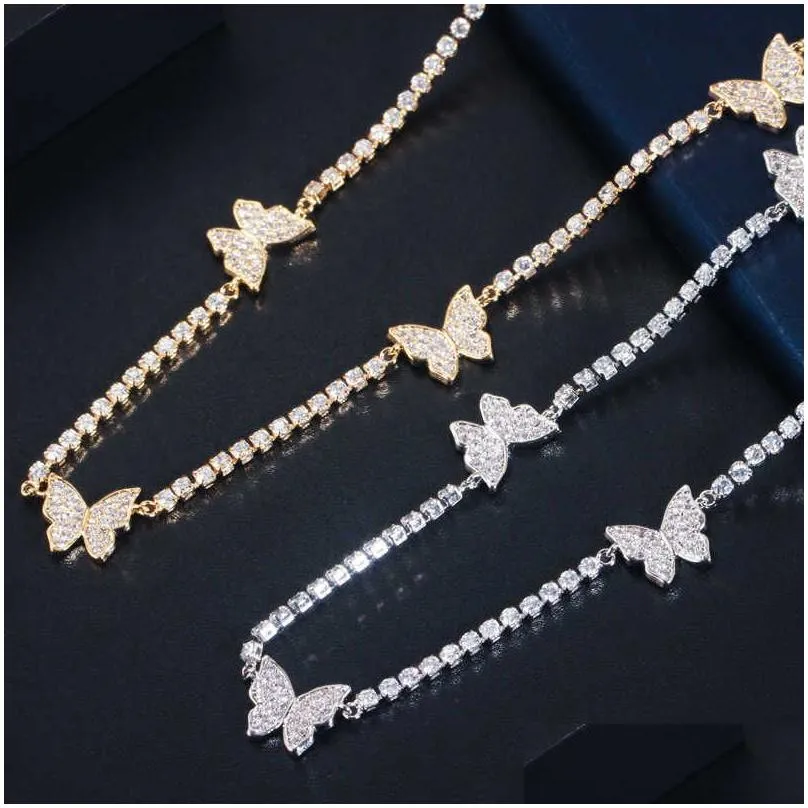 CWWZircons Shiny Cubic Zircon Butterfly Shape Ladies Jewelry Set New Designer Bridal Choker Necklace Earrings Bracelet Sets T450 H1022