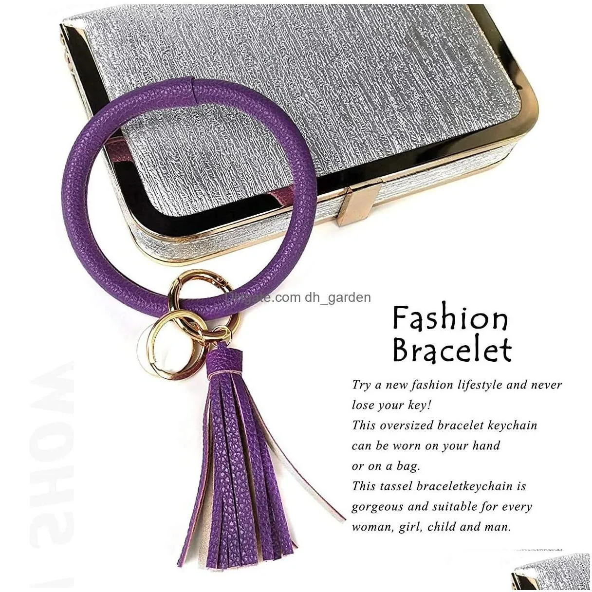 Charm Bracelets 4Pcs Leather Wristlet Keychain Round Key Ring Large Assel Chain Holder Bangle For Dhr8N