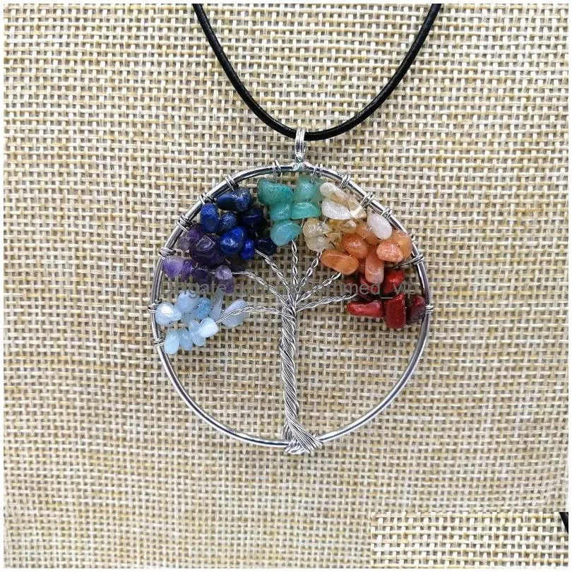 jln gravel stone seven chakra life tree pendant chip stone tree of life wisdom tree pendants with leather chain necklace for woman