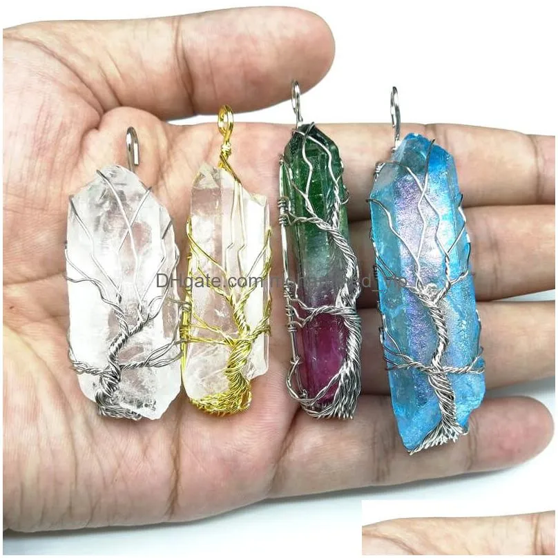 jln natural crystal life tree pendant gemstone wire wrapped quartz hexagon prism amulet charm with brass chain necklace