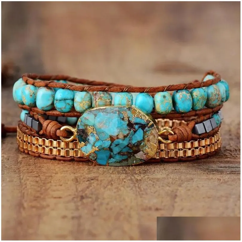 Strand Handmade Boho Multi Layered Natural Crystal Agate Stone Beads Beaded Bracelet Opal 3 Strands Leather Wrap Bracelets For Women