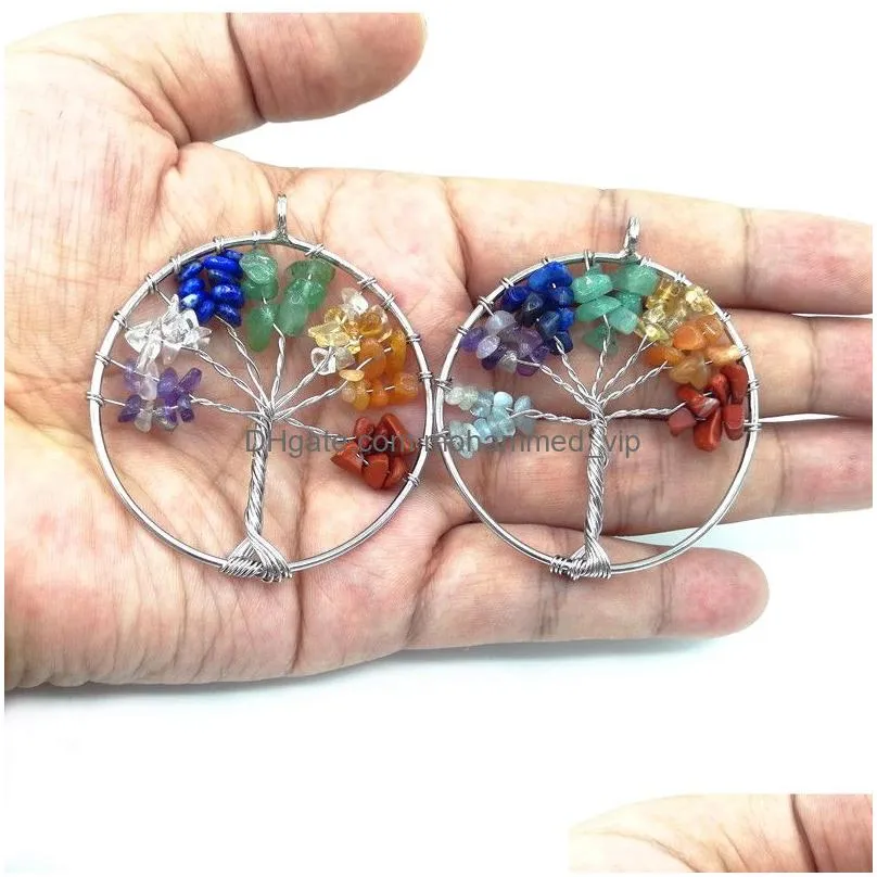 jln gravel stone seven chakra life tree pendant chip stone tree of life wisdom tree pendants with leather chain necklace for woman