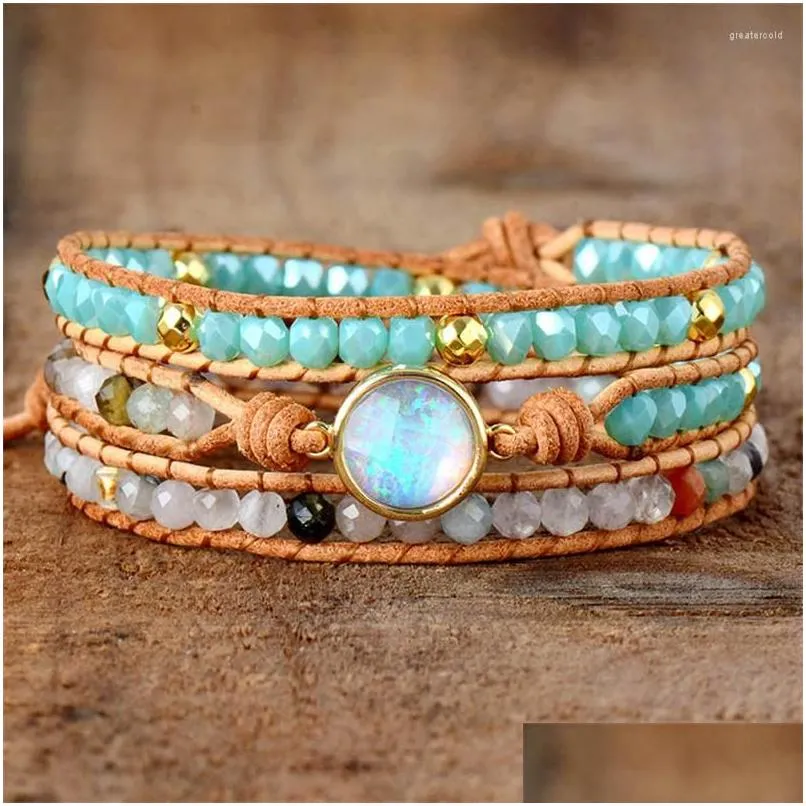 Strand Handmade Boho Multi Layered Natural Crystal Agate Stone Beads Beaded Bracelet Opal 3 Strands Leather Wrap Bracelets For Women