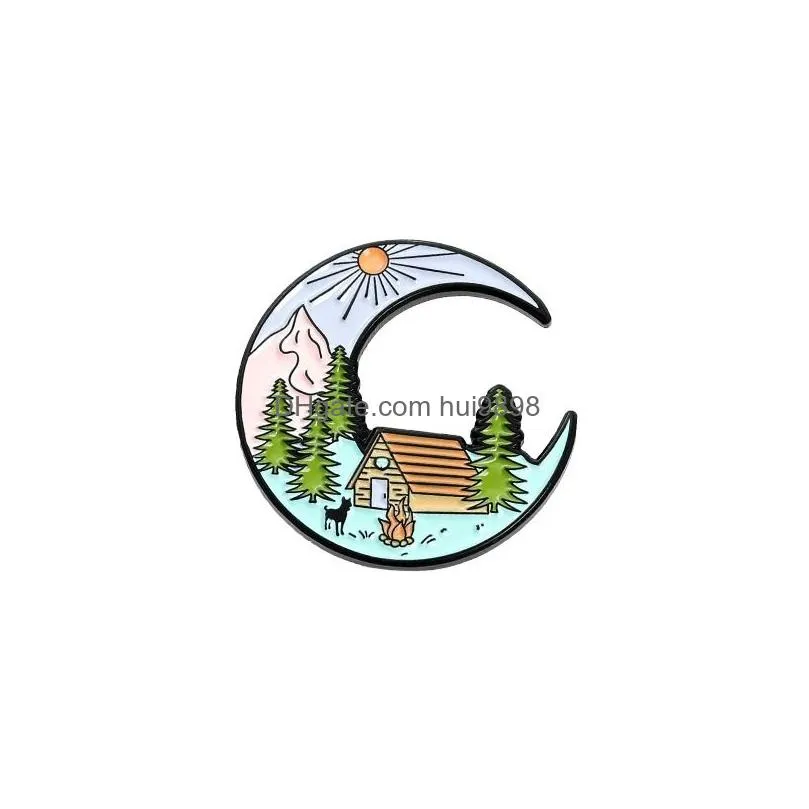 go camping enamel pins custom mountain moon tent motorhome brooches shirt lapel badge bag outdoors jewelry gift for kids friends