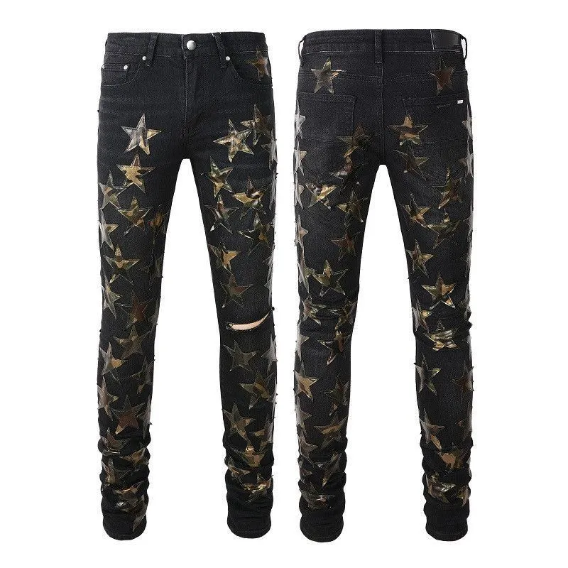 Man Skinny Jeans Men Black Ripped Jeans Mens Designer Rip Pants Denim Blue Star Patches Straight Zipper Fly Hole Fashion Halloween Hip Hop 20ss Stretchy