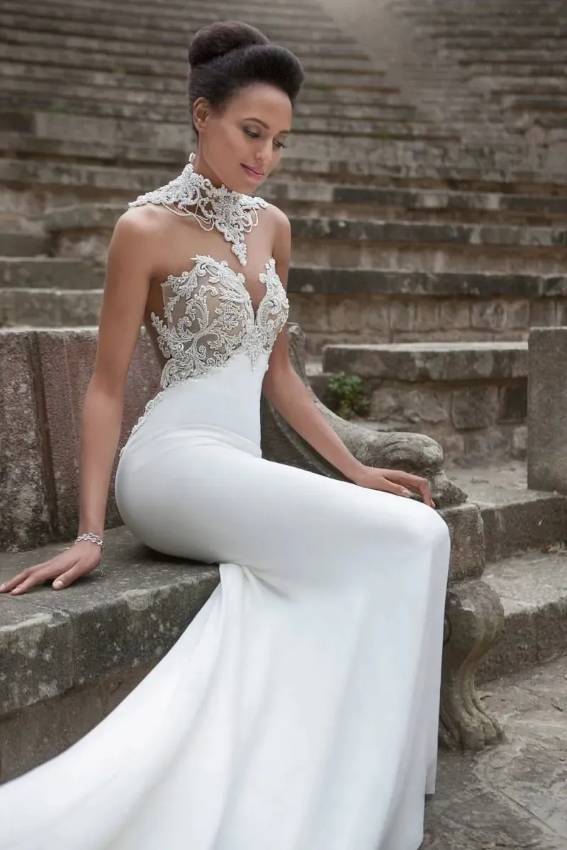 Boho Garden Mermaid Wedding Dresses Gorgeous Beading Pearls High Neckline With Applique Lace Bridal Gowns Court Train Slim Fit Backless Bride Robes de Mariee CL2965