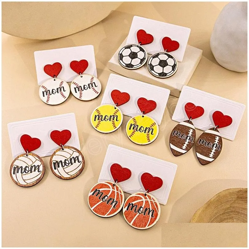 Round Heart Softball Baseball Basketball Wooden Dangle Sporty Earrings for Mother Day Gift Wholesale Mom Wood Jewlelry