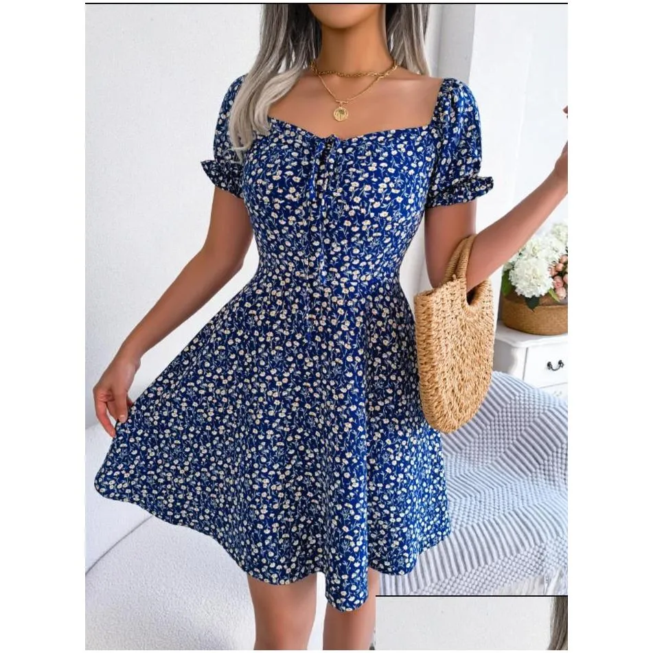 Designer New Fashion Women Casual Dresses Ruffles Short Sleeve Floral Print A Line Dress