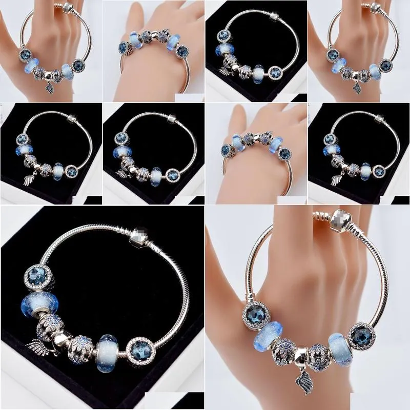 EDELL 100% 925 Sterling Silver Charm Beads Bracelets Blue Crystal Collocation Bracelet Suitable For Women DIY Bangles Send The