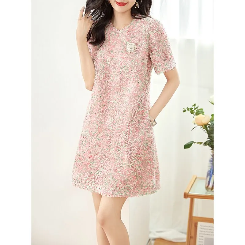 2023 Summer Pink Contrast Color Dress Short Sleeve Round Neck Short Casual Dresses W3L040211