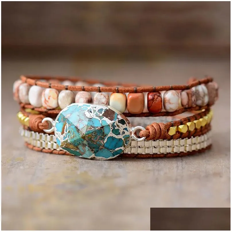 Strand Handmade Boho Multi Layered Natural Crystal Agate Stone Beads Beaded Bracelet Opal 3 Strands Leather Wrap Bracelets For Women