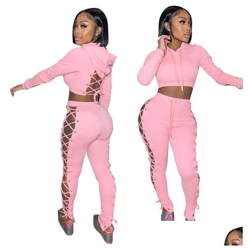 Women`s Two Piece Pants Designers Women Clothes 2023 autumn and winter women`s fashion corns bandage solid color pants two-piece set