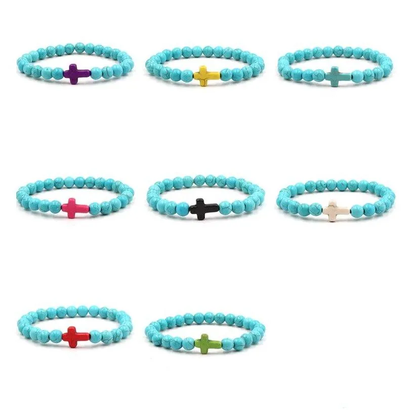 8mm Black Matte Turquoise Beads Bracelet Bangles Cross Charm Blue Beaded Men Bracelets for Women Yoga Jewelry