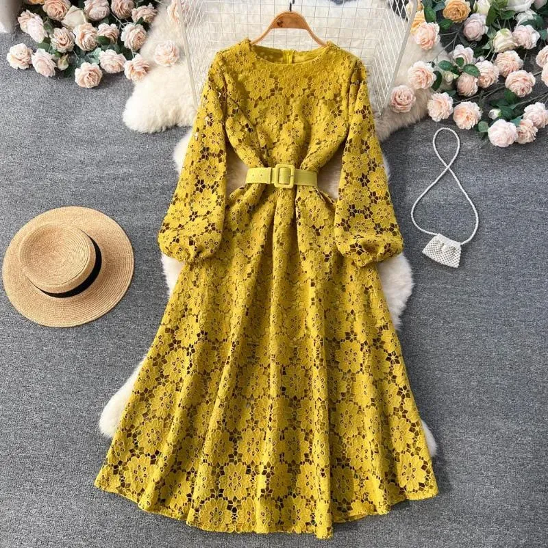 Casual Dresses Literary And Artistic Small  Dress For Women`s Spring Wear Niche Hollowed Out Sweet Hook Flower First Love